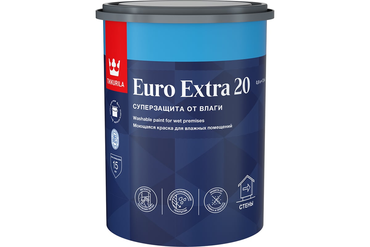 Краска для влажных помещений EURO/ЕВРО EXTRA Tikkurila 20 C п/мат 0,9л (не замор, до +5) Tikkurila RU 700001108 - фото детальное