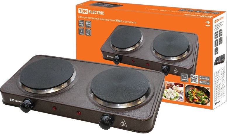 Электроплитка двухконфорочная TDM ЭПД2 230 В, 2х1 кВт, диск, коричневая,
