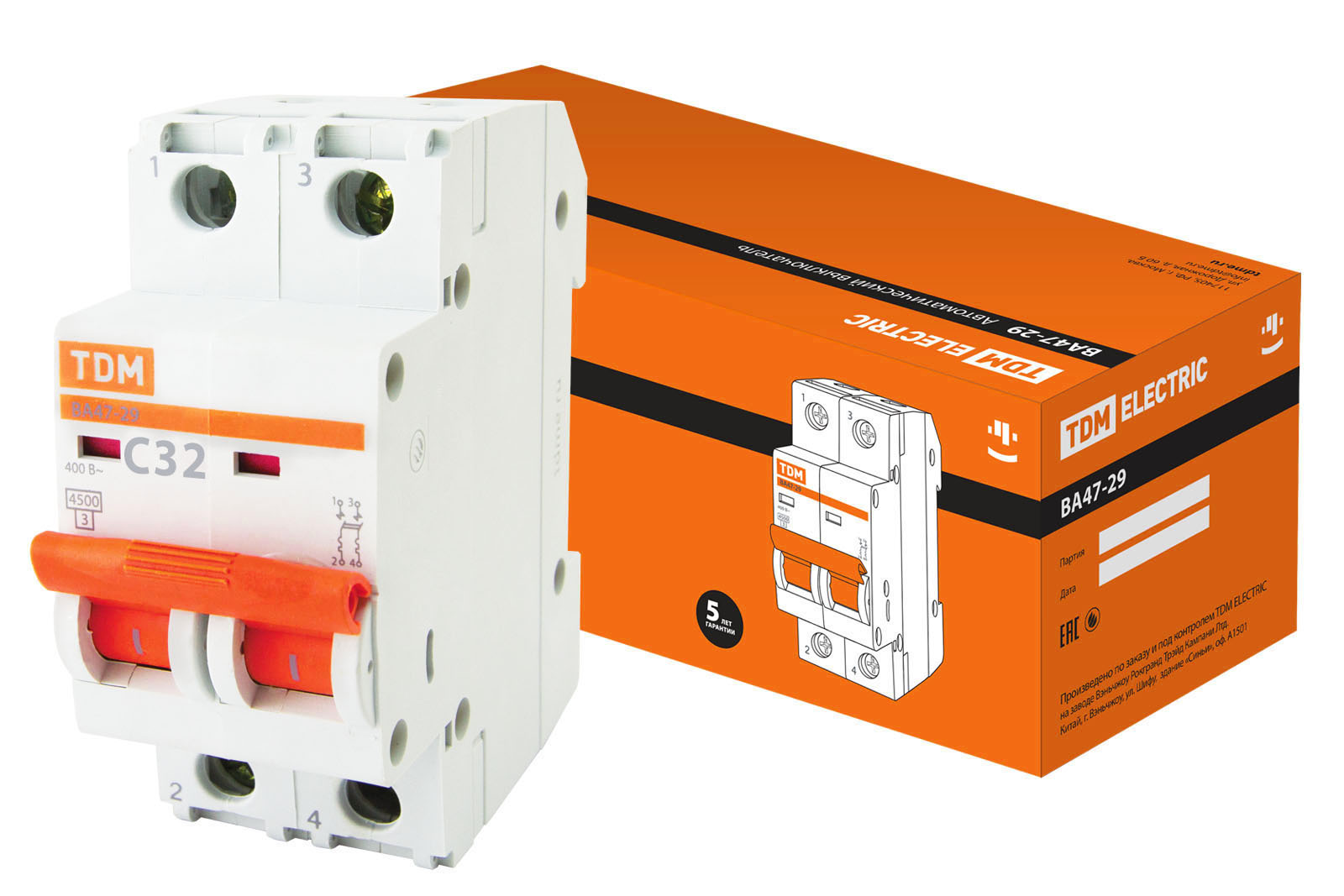 Автоматический выключатель TDM ВА47-29 2Р 32А откл. способность 4,5кА характеристика срабатывания С