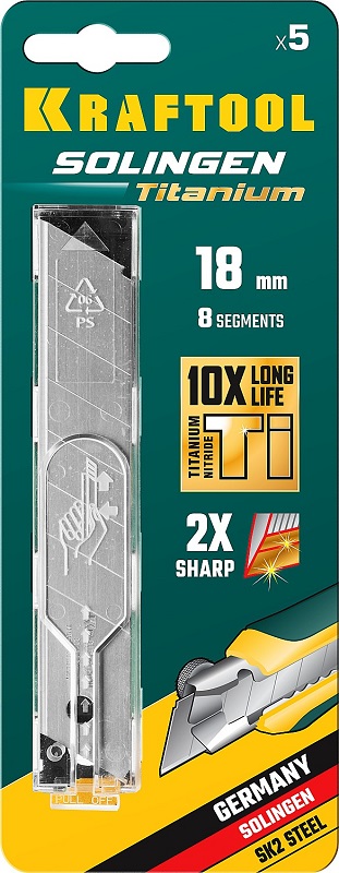 Лезвия сегментированные KRAFTOOL TiN SOLINGEN 18мм, 8 сегментов, с покрытием, 5шт, 09605-TIN-18-S5_z02