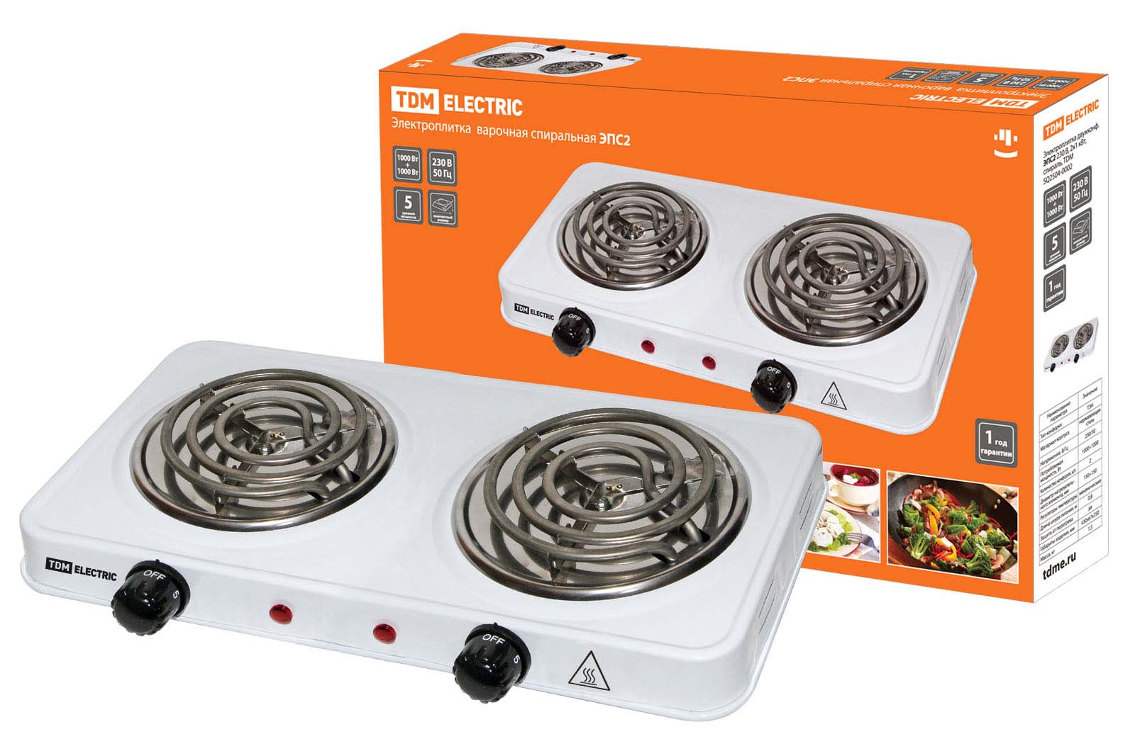 Электроплитка двухконфорочная TDM ЭПС2 230 В, 2х1 кВт, спираль, белая,