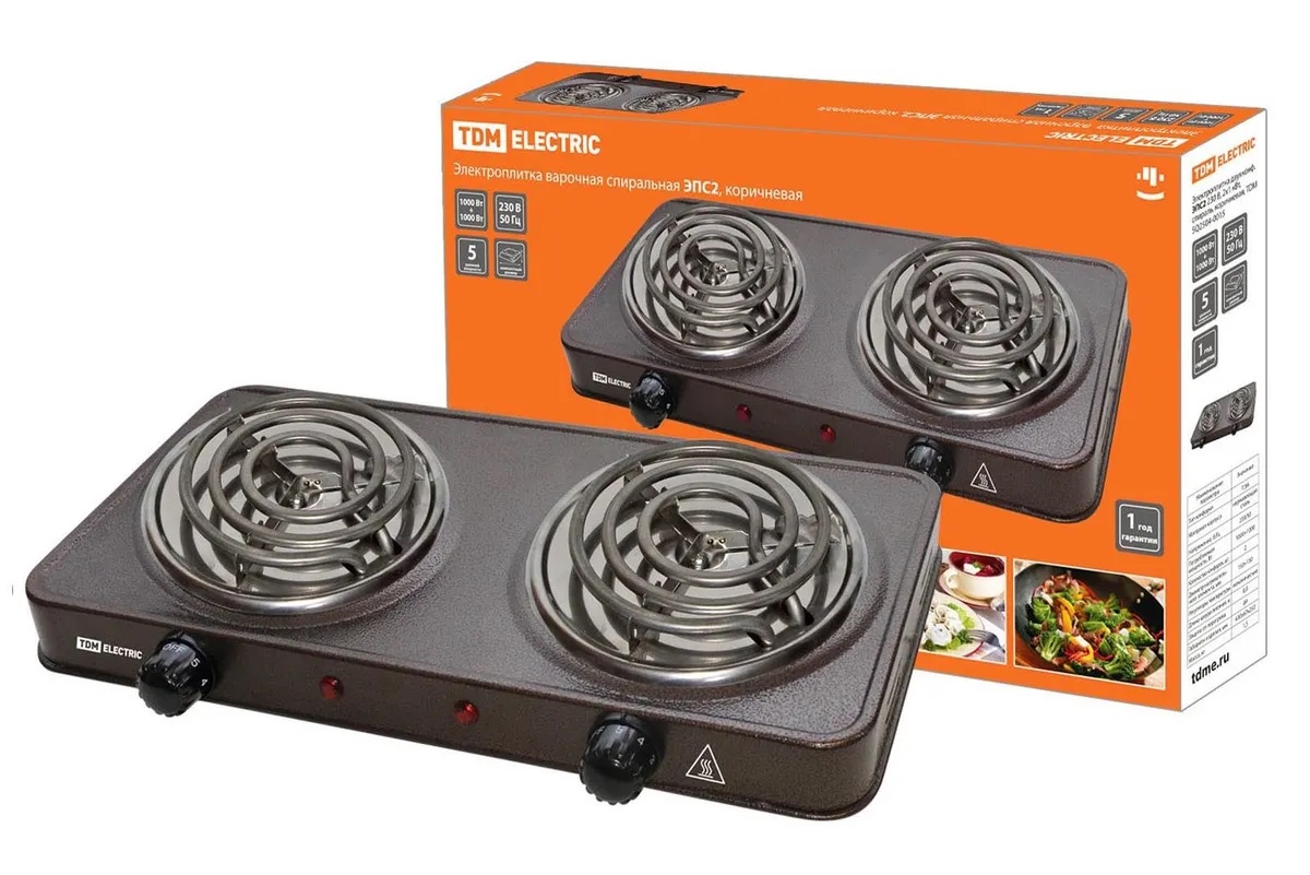 Электроплитка двухконфорочная TDM ЭПС2 230 В, 2х1 кВт, спираль, коричневая,