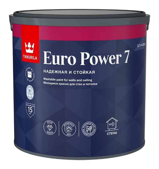 Краска интерьерная стойкая к мытью EURO POWER 7 Tikkurila C матовая 2,7л Tikkurila RU 700001123 - фото детальное