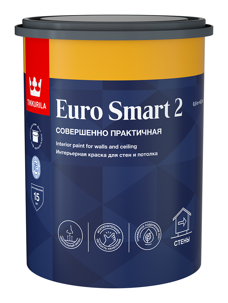 Краска интерьерная Tikkurila EURO SMART 2 A глубокоматовая 0,9л Tikkurila RU 700009614 - фото детальное