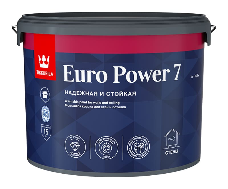 Краска интерьерная стойкая к мытью EURO POWER 7 Tikkurila A матовая 9л Tikkurila RU 700001121 - фото детальное