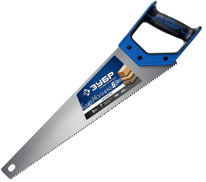 Ножовка по дереву ЗУБР МОЛНИЯ-5 450мм 5 TPI прямой крупный зуб, быстрый рез поперек волокон