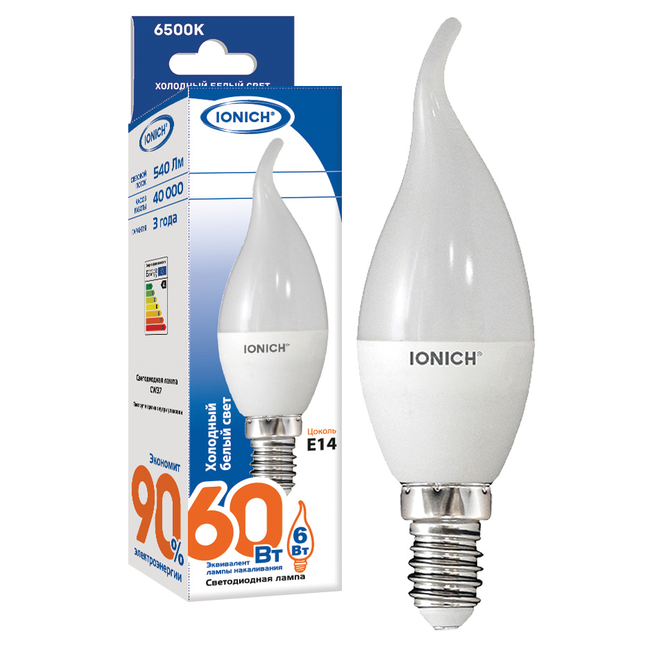 Лампа светодиодная IONICH декоративного освещения "свеча на ветру" ILED-SMD2835-CW37-6Вт-540Лм-230В-
