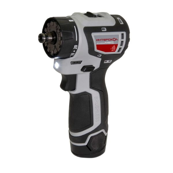 Бесщеточная аккумуляторная дрель-шуруповерт Интерскол ДА-10/12В Li-ion, КомбиМАКС 2 аккумулятора по 2Ач, сумка, 4 насадки