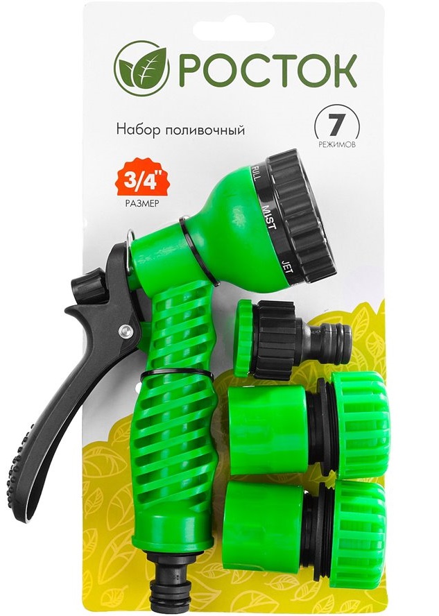 Набор поливочный РОСТОК пистолет с 7 режимами, комплект соединительной артматуры 3/4", пластиковый РОСТОК - характеристики и описание