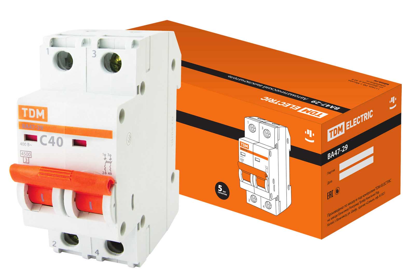 Автоматический выключатель TDM ВА47-29 2Р 40А откл. способность 4,5кА характеристика срабатывания С