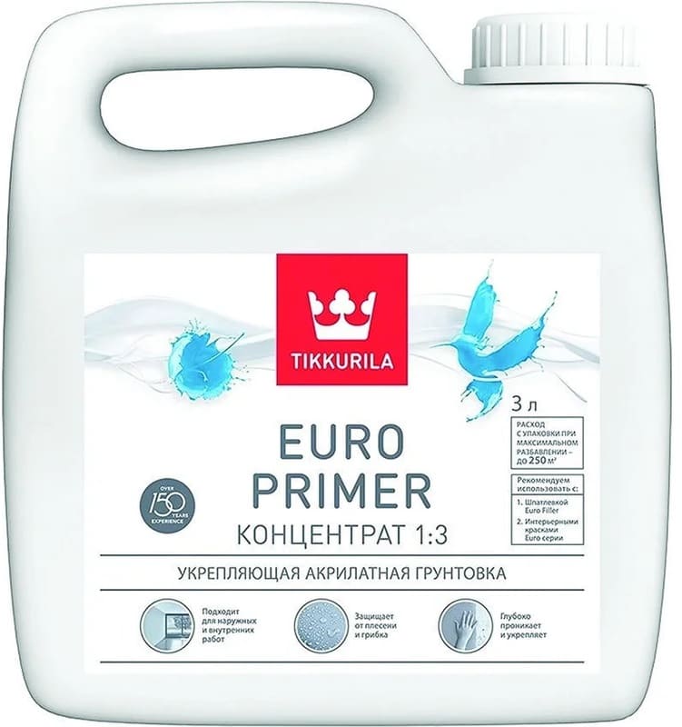 Грунтовка EURO PRIMER Tikkurila 3л (не замораживать, до +5) Tikkurila RU — купить с доставкой по выгодной цене