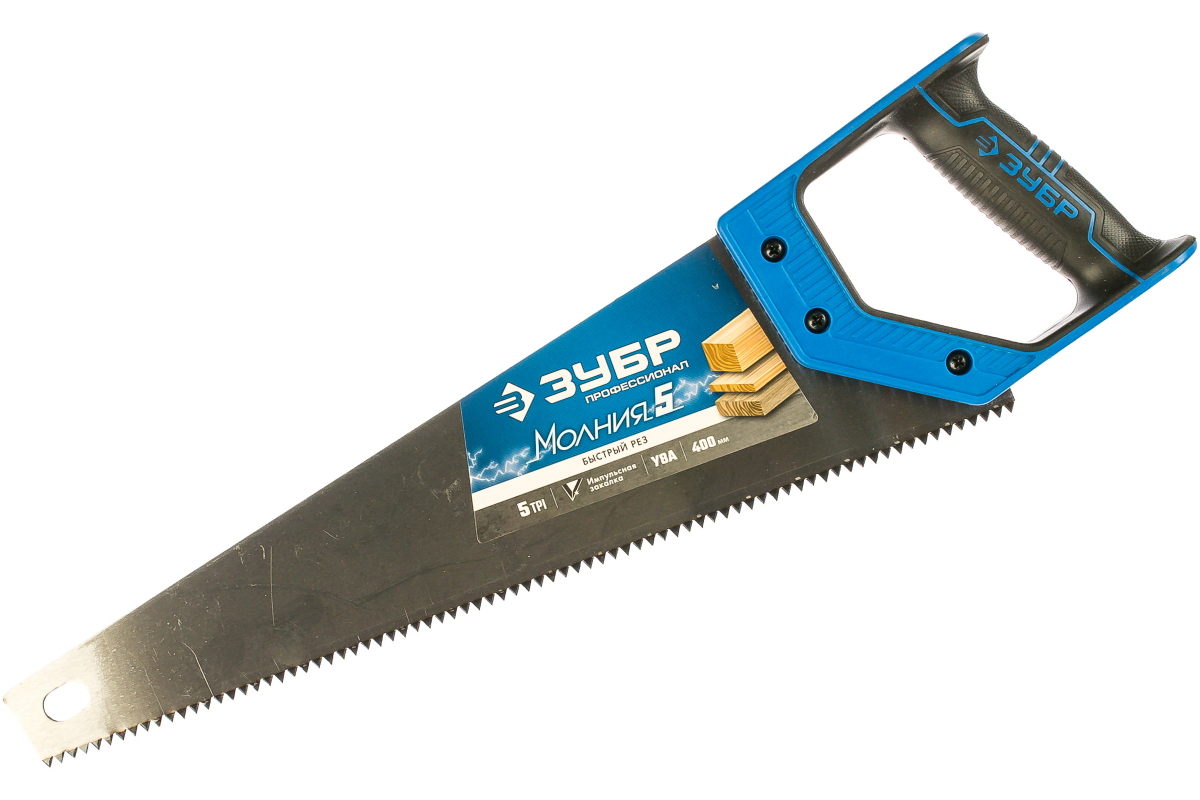 Ножовка по дереву ЗУБР МОЛНИЯ-5 400мм 5 TPI, прямой крупный зуб, быстрый рез поперек волокон