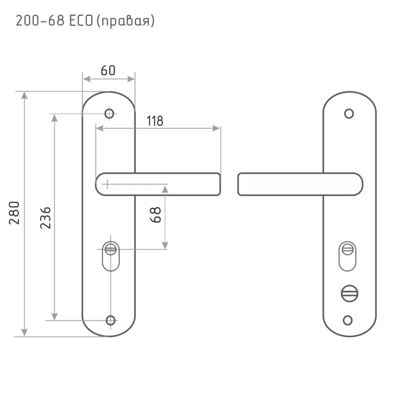 Ручка дверная на планке Нора-М 200-68 мм ЕСО правая (матовый хром + черный никель)