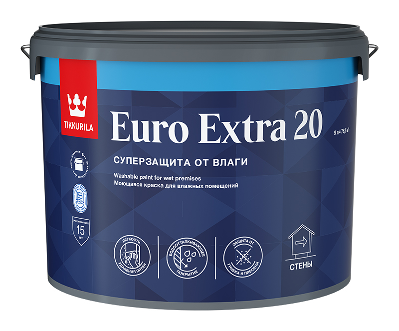 Краска для влажных помещений Tikkurila EURO EXTRA 20 C полуматовая 9л Tikkurila RU 700001110 - фото детальное