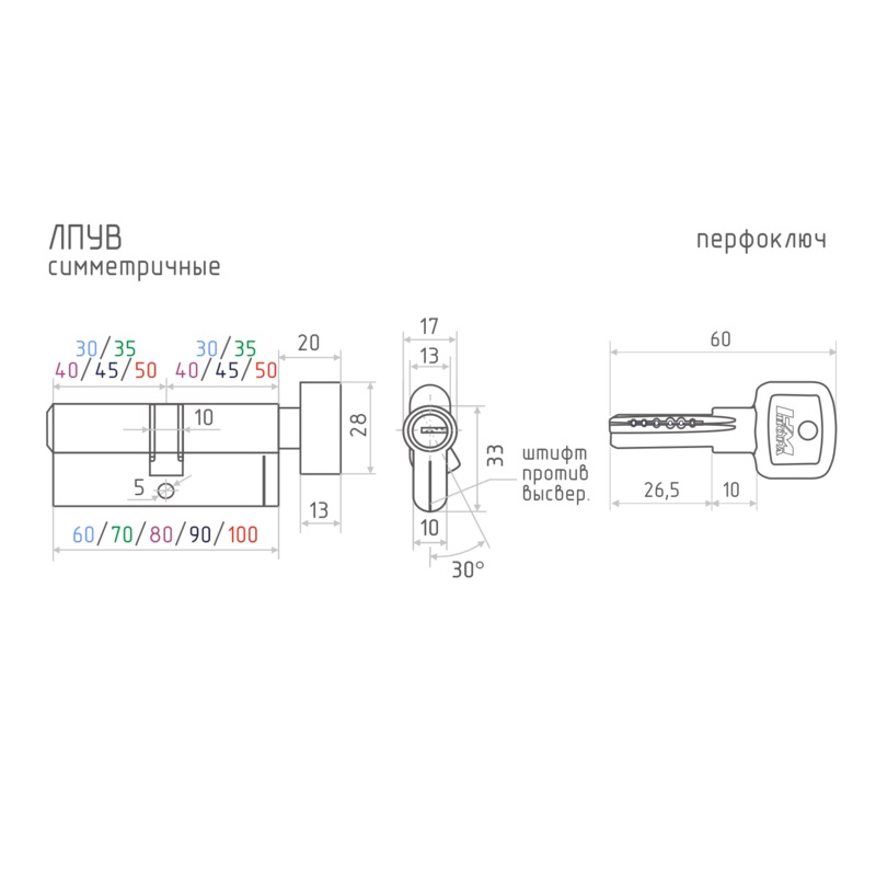 Цилиндровый механизм Нора-М ЛПУВ-90 (45-45) латунь НОРА-М - детальное фото
