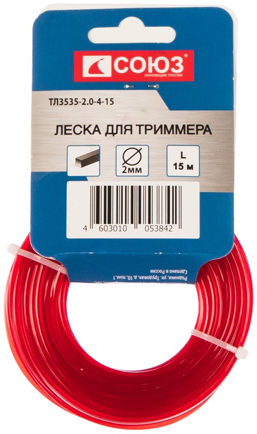Леска для триммера СОЮЗ квадрат d=2.0 мм, l=15 м, цвет красный СОЮЗ - фото, характеристики