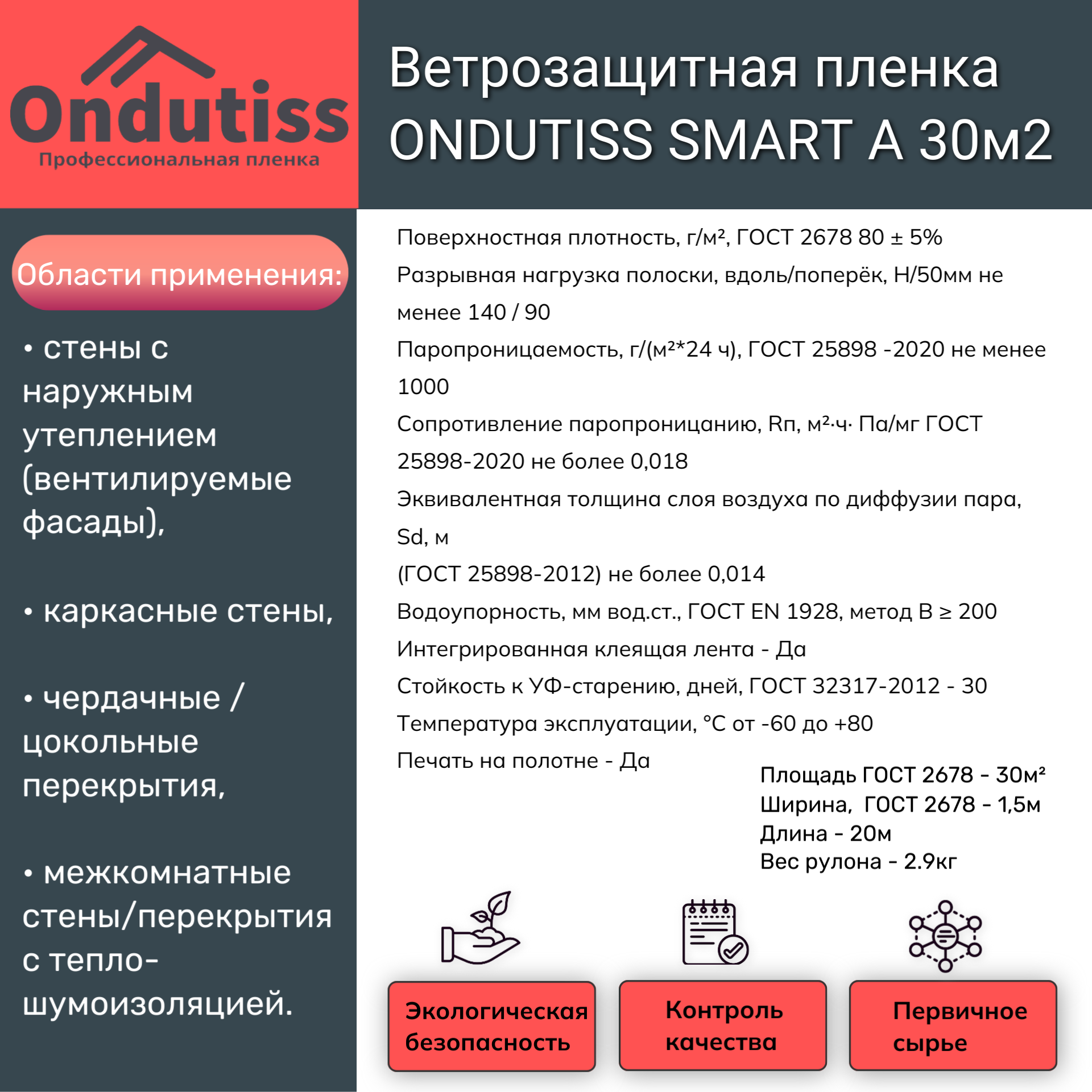 Ветрозащитная пленка ONDUTISS SMART A 30м2 (Ондутис Смарт А) Ondutiss 52031_RUS1 - детальное фото