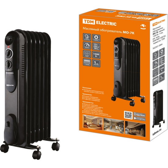 Масляный обогреватель TDM МО-7К, чёрный, 1500 Вт, 7 сек, регулировка мощности. (600/900/1500 Вт) термостат