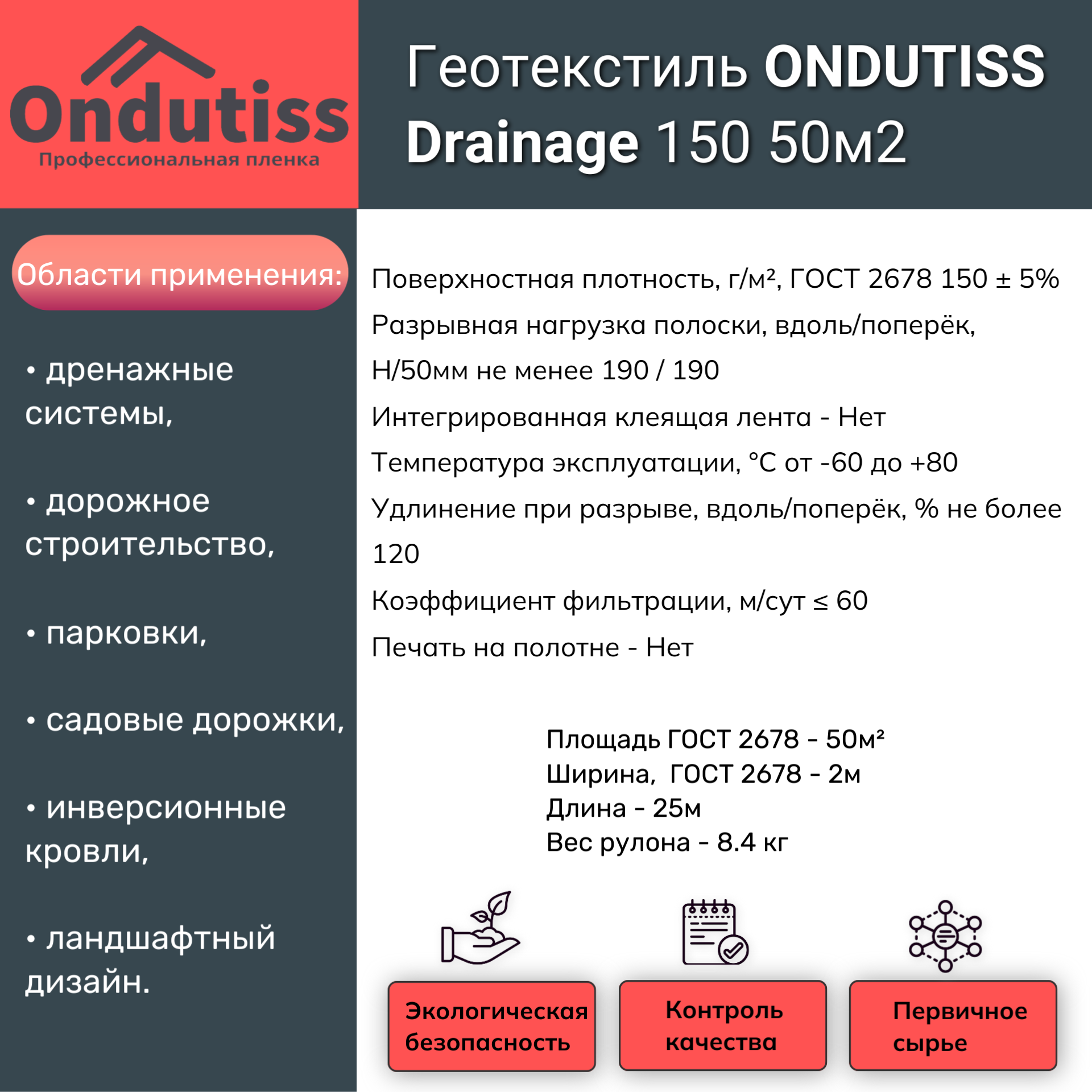 Геотекстиль ONDUTISS Drainage 150 50м2 (Ондутис Дренаж 150) Ondutiss 52046_RUS1 - детальное фото