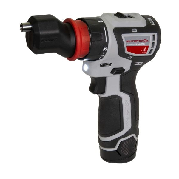 Бесщеточная аккумуляторная дрель-шуруповерт Интерскол ДА-10/12В Li-ion, КомбиМАКС 2 аккумулятора по 2Ач, сумка, 4 насадки