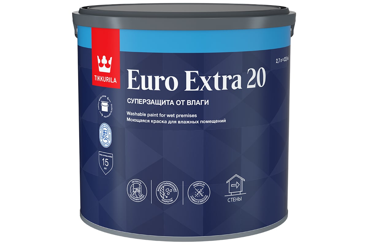 Краска для влажных помещений EURO/ЕВРО EXTRA Tikkurila 20 C п/мат 2,7л (не замор, до +5) Tikkurila RU 700001109 - фото детальное