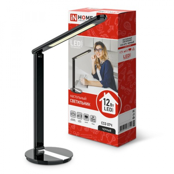 Светильник настольный IN HOME светодиодный ССО 07Ч 12Вт 3000-6500К 600Лм сенсор-диммер, с адаптером ЧЕРНЫЙ