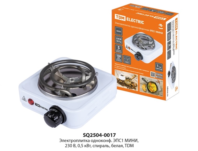 Электроплитка одноконфорочная TDM ЭПС1 МИНИ, 230 В, 0,5 кВт, спираль, белая,