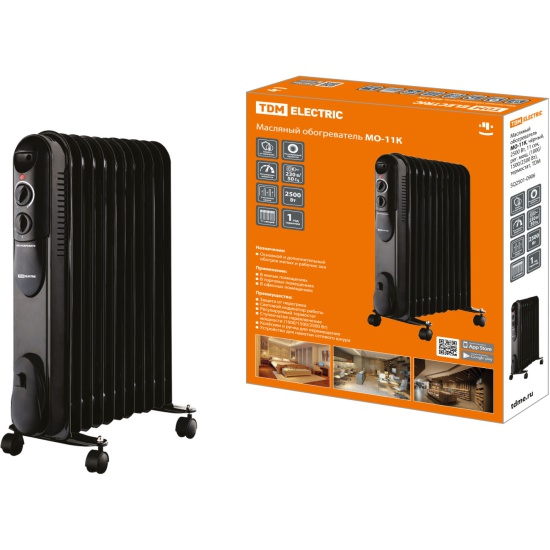 Масляный обогреватель TDM МО-11К, чёрный, 2500 Вт, 11 сек, регулировка мощности. (1000/1500/2500 Вт) термостат